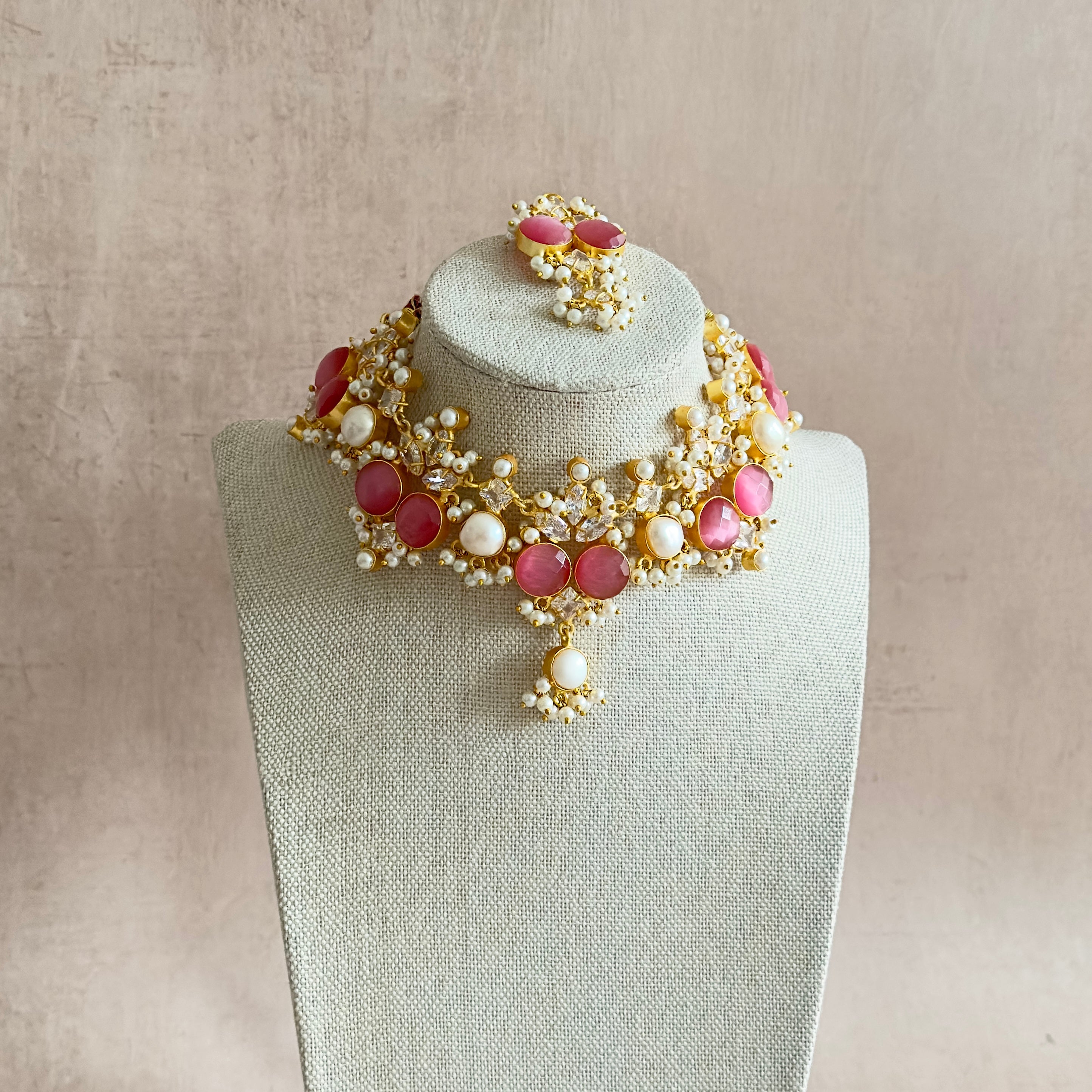 Ranya Pink Crystal Necklace Set - Ahseya & Co