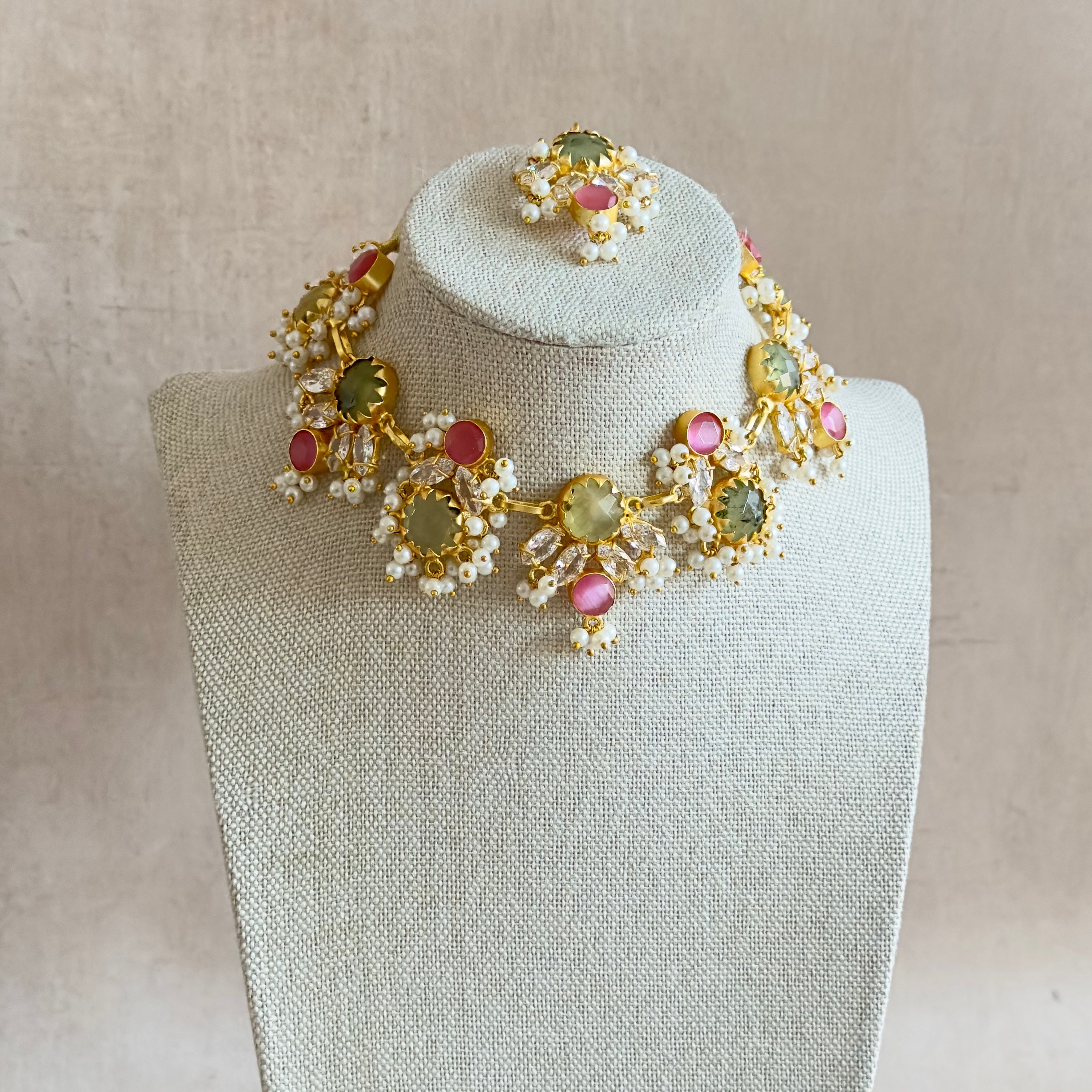 Dilnaz Olive Pink Necklace Set - Ahseya & Co