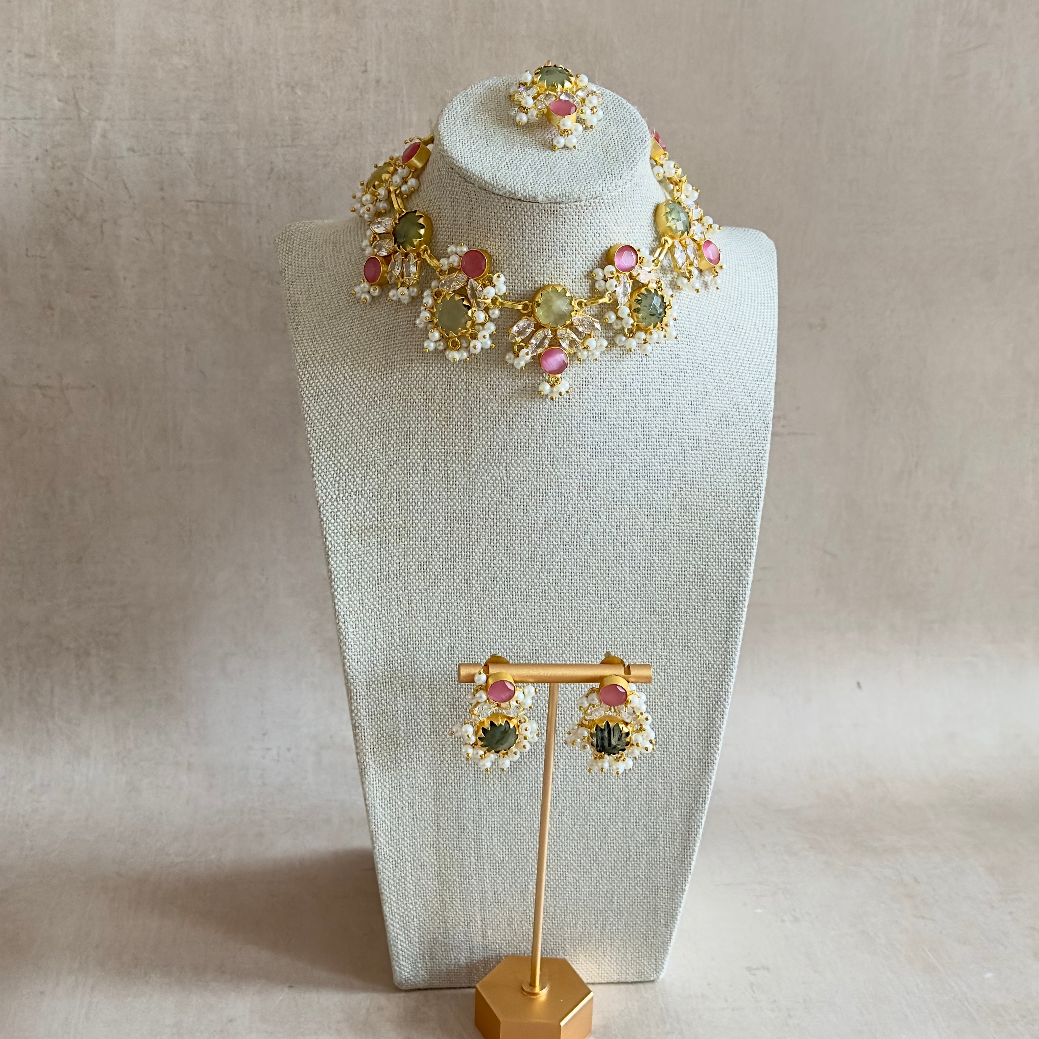 Dilnaz Olive Pink Necklace Set - Ahseya & Co
