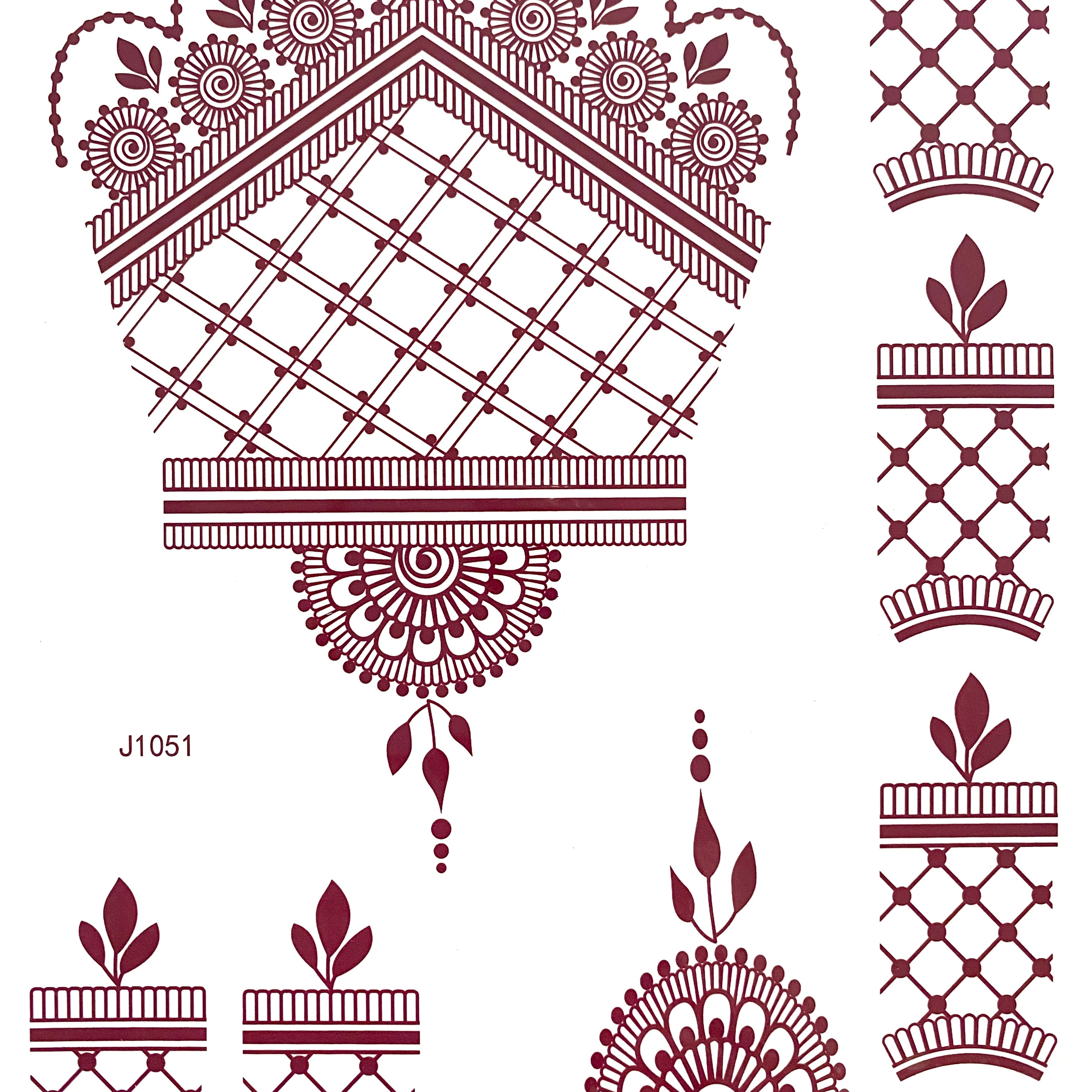 Nur Henna Tattoo is a traditional henna transfer that allows you to customize your skin with intricate and beautiful designs. With quick and easy application, you can achieve the perfect look. Perfect for weddings, parties, festivals & more.  Details: Deep Red  Design is 1 hand, includes cuff.