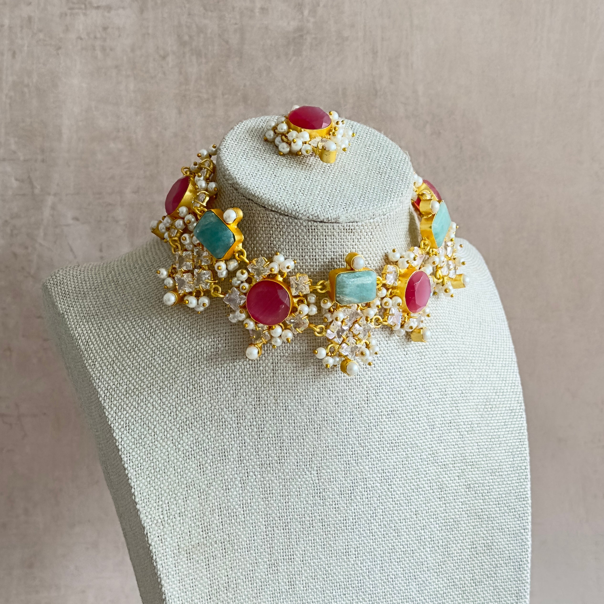 Helani Pink Crystal Choker Set - Ahseya & Co