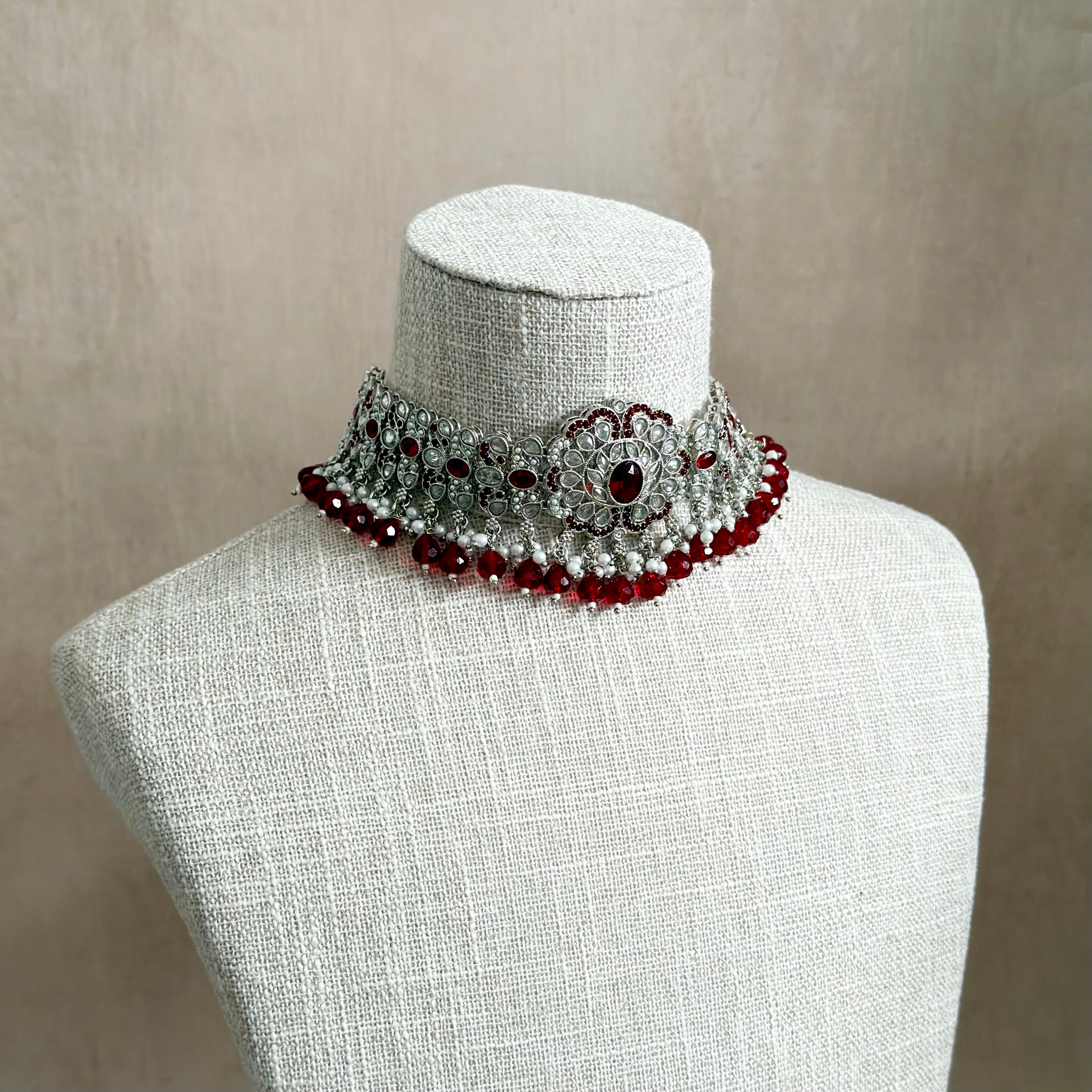 Zareefa Silver Ruby Choker Set - Ahseya & Co