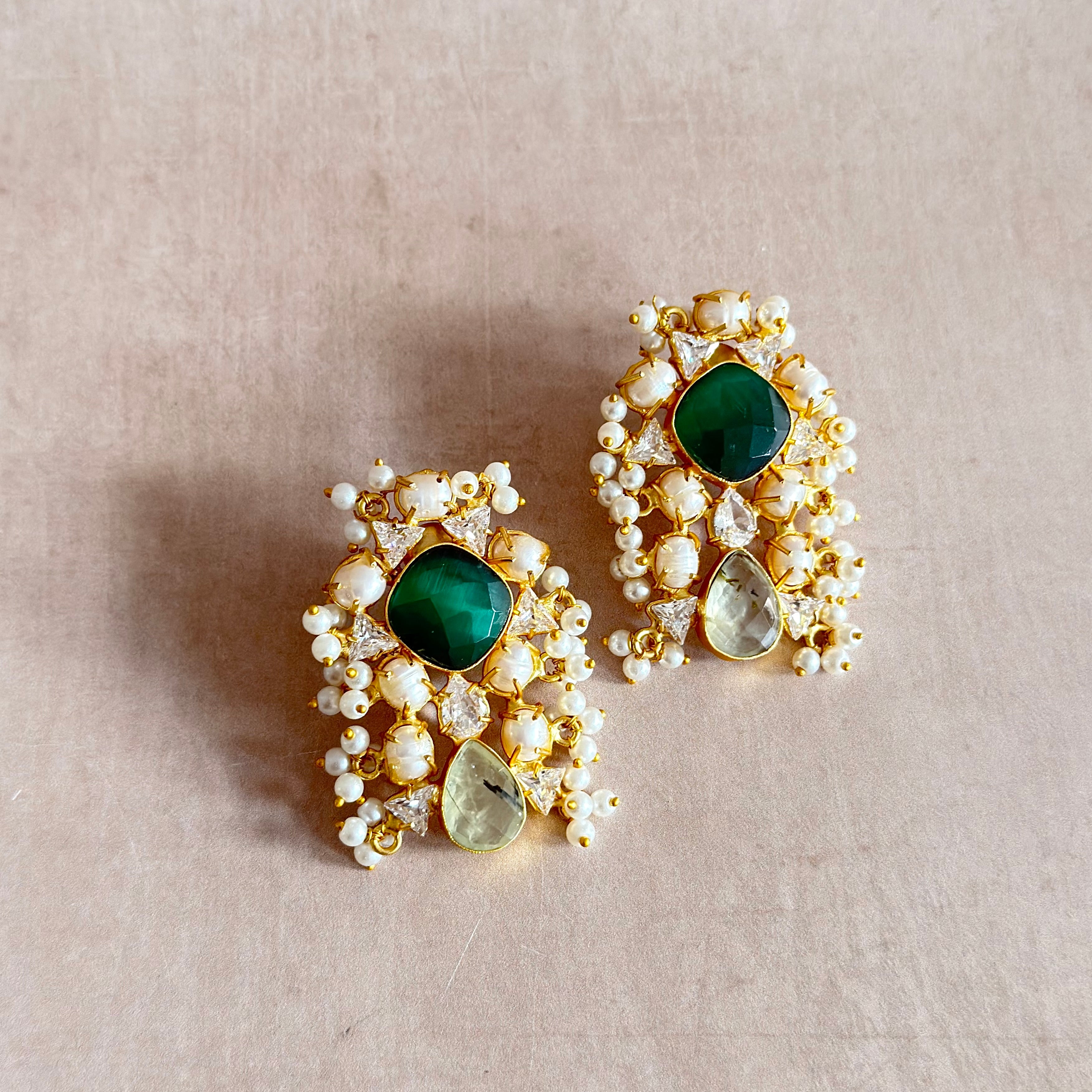 Noor Green Pearl Stud Earrings - Ahseya & Co