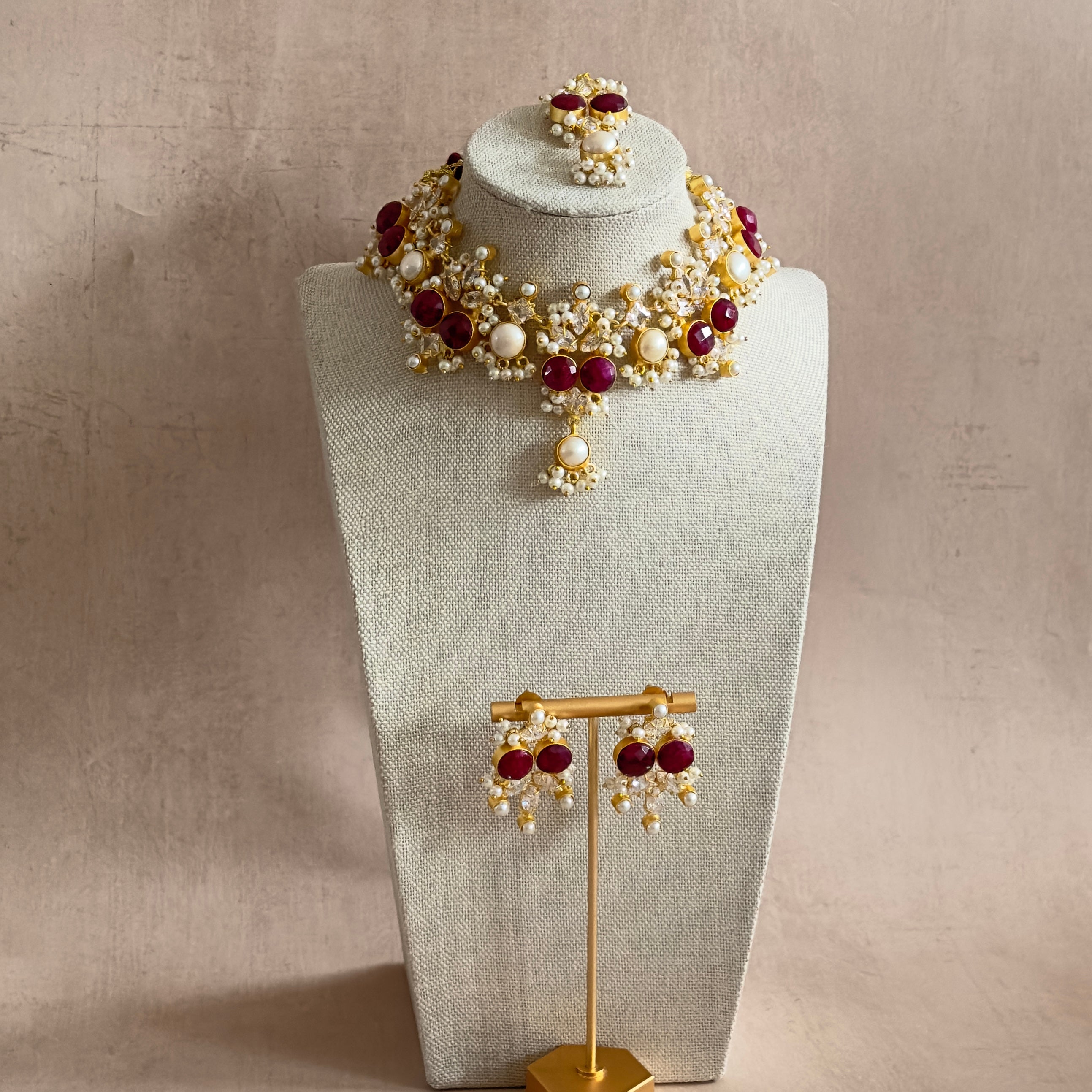 Ranya Maroon Crystal Necklace Set - Ahseya & Co