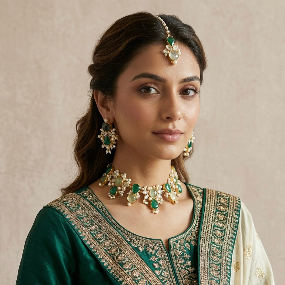 Kaelani Green Crystal Necklace Set - Ahseya & Co