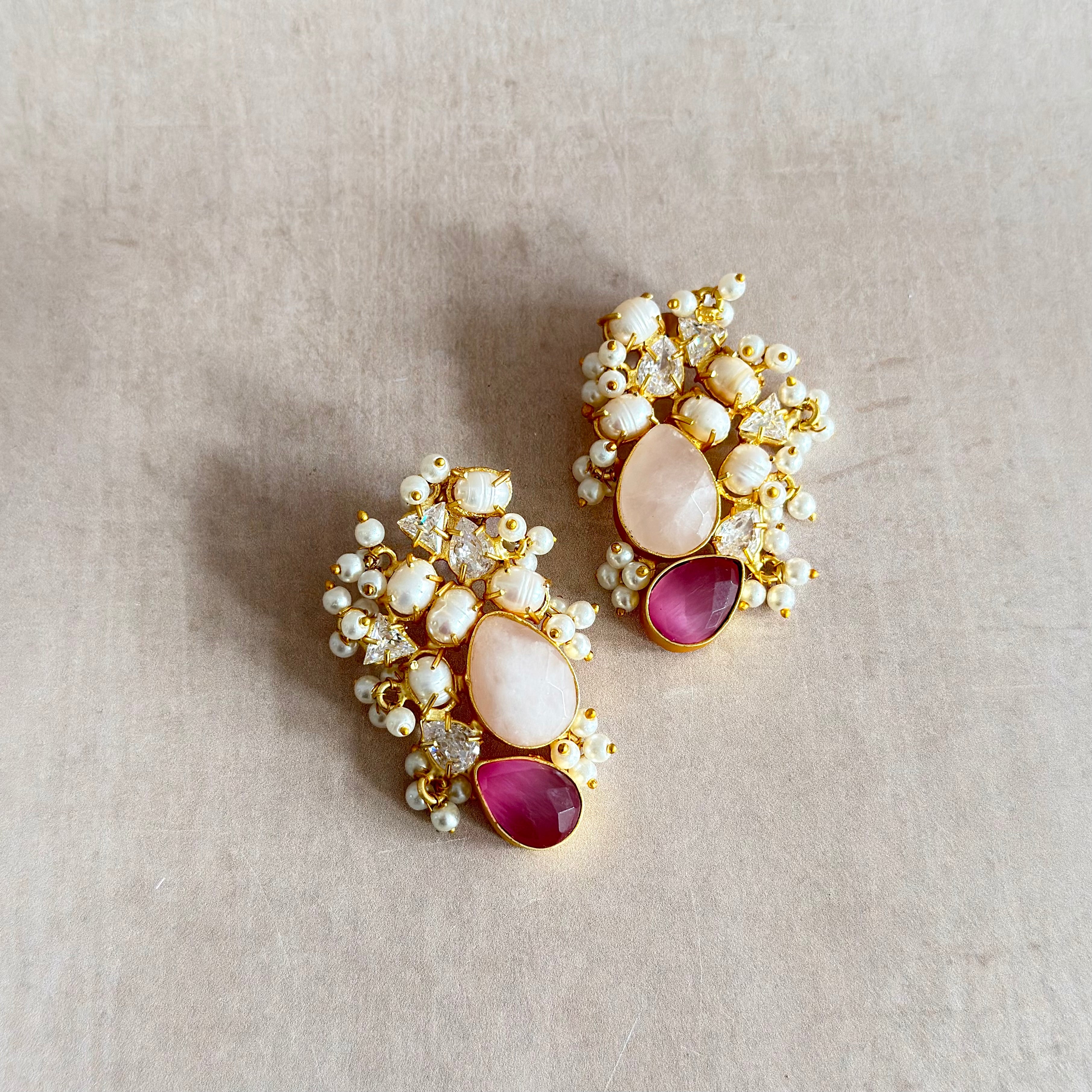 Shahira Pink Pearl Crystal Stud Earrings - Ahseya & Co