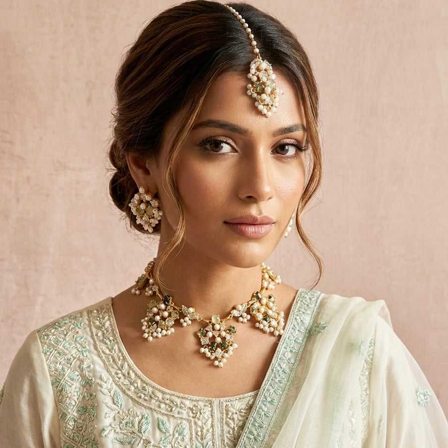 Wafaa Olive Crystal Necklace Set - Ahseya & Co