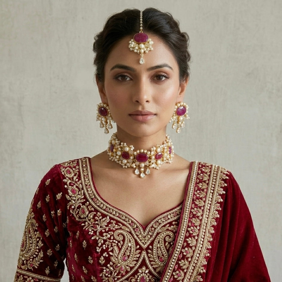 Khawla Fuchsia Pearl Choker Set - Ahseya & Co