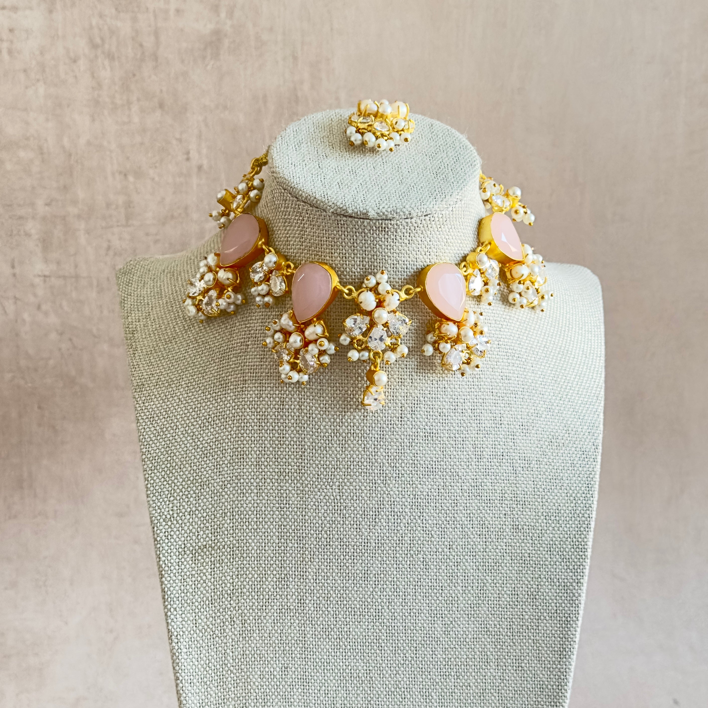Ivory Pink Crystal Choker Set - Ahseya & Co