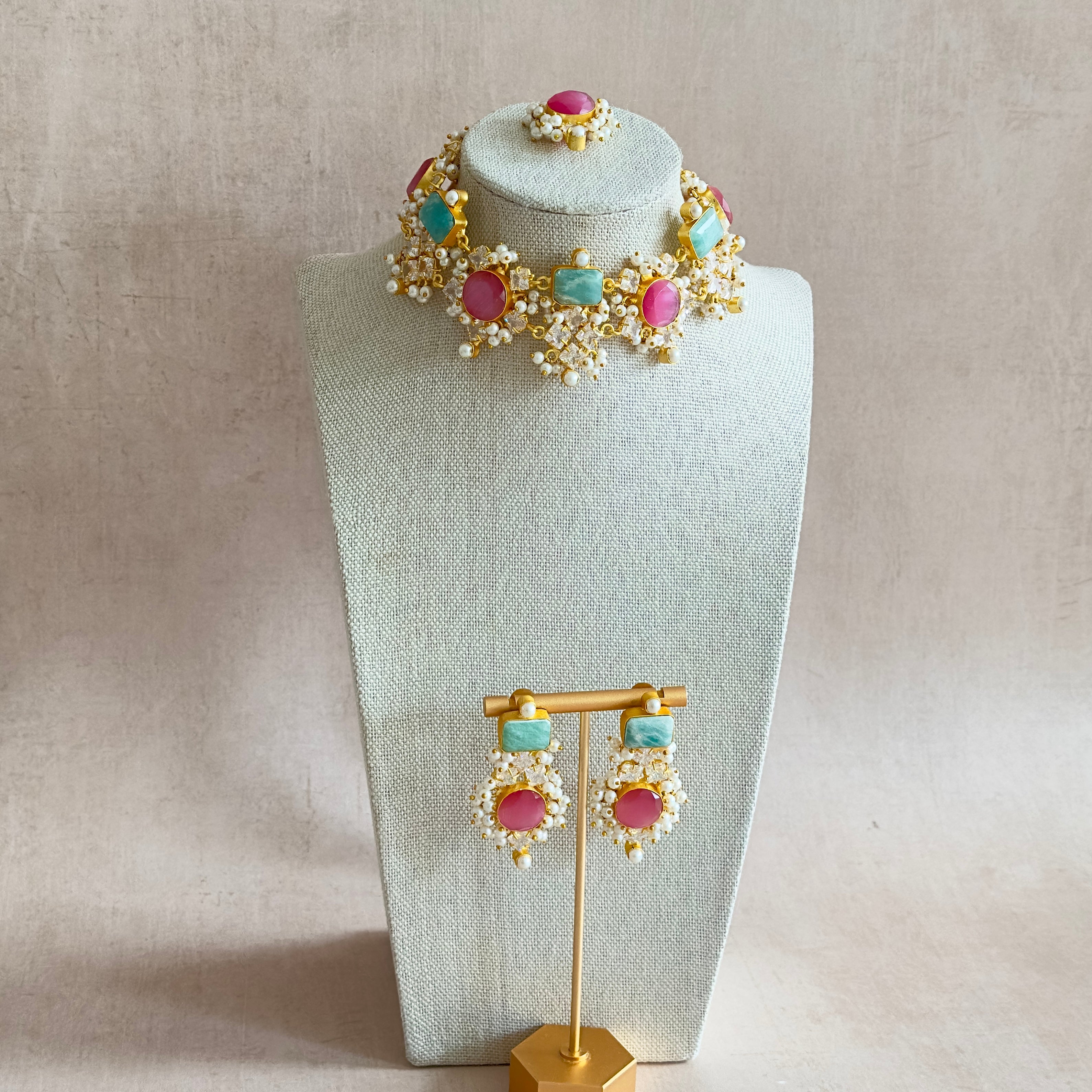 Helani Pink Crystal Choker Set - Ahseya & Co