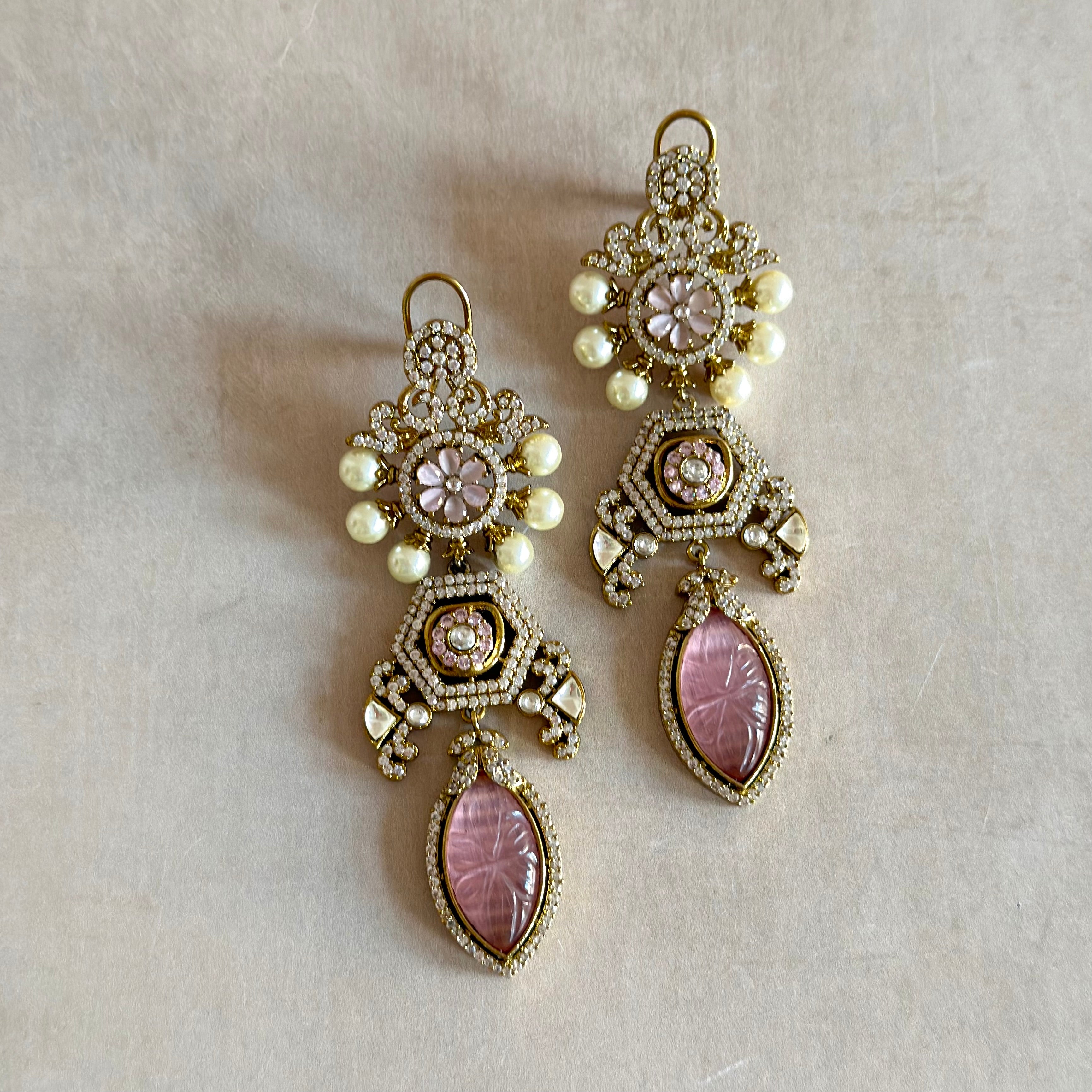 Khaula Pink Crystal Drop Earrings - Ahseya & Co