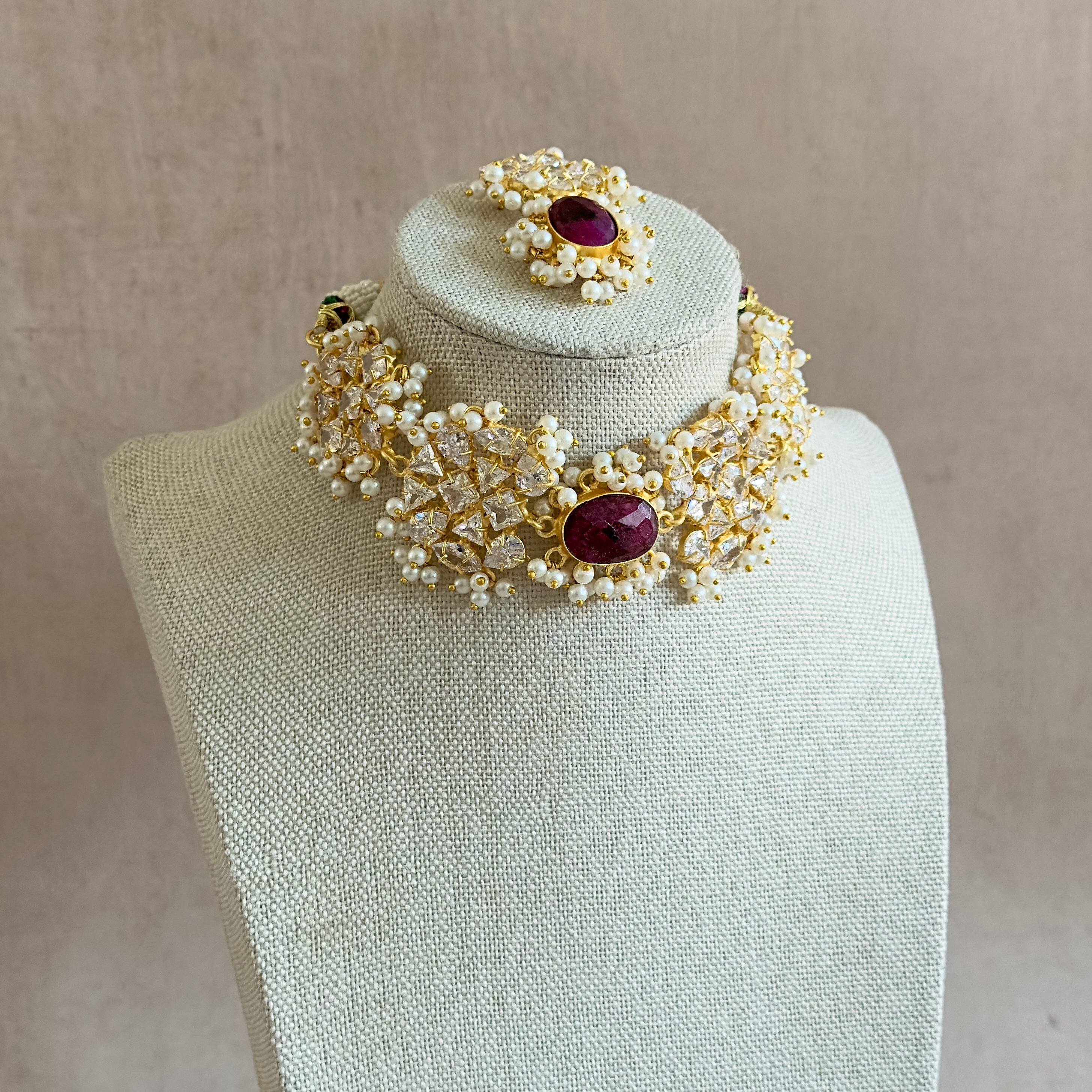 Melina Maroon Crystal Choker Set - Ahseya & Co