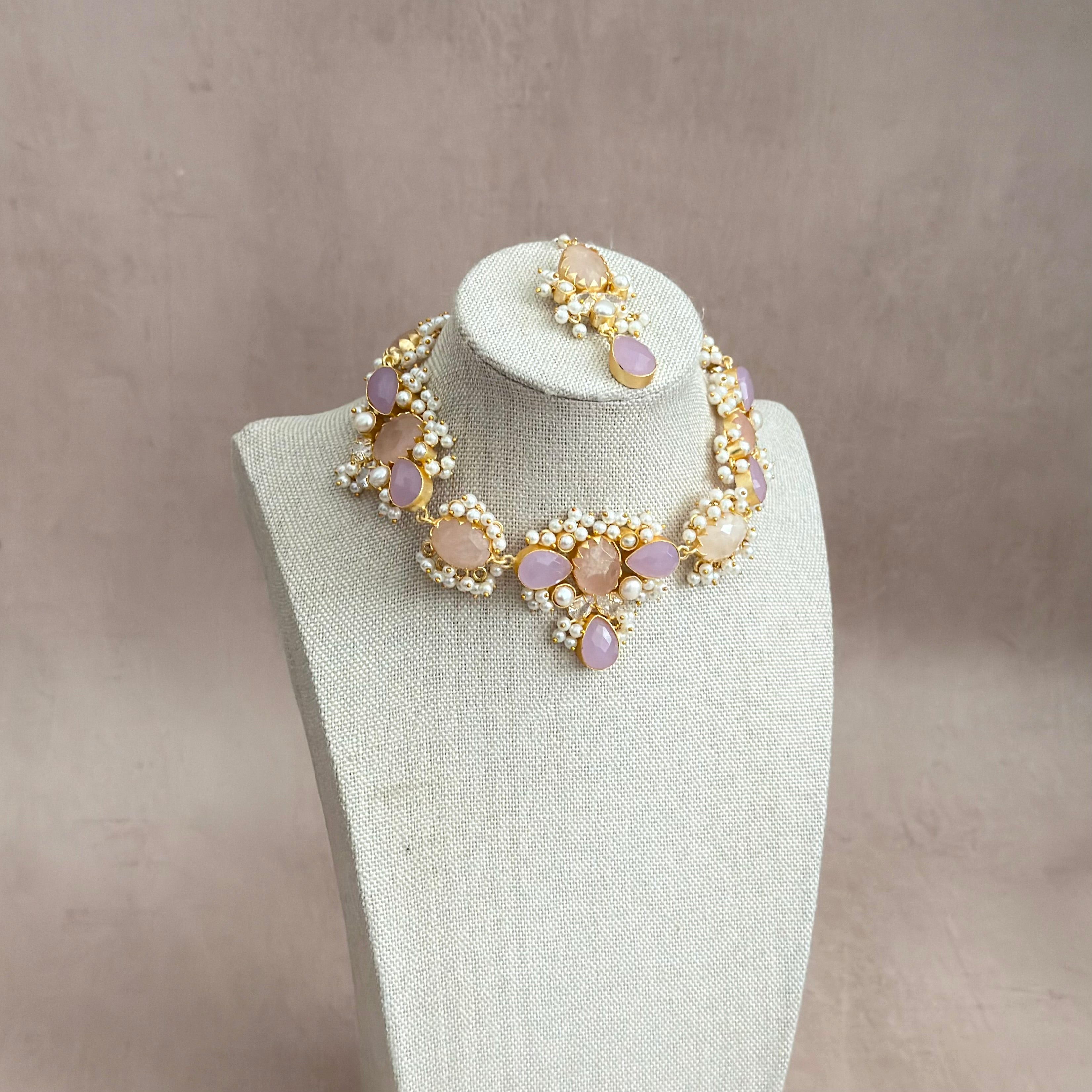 Rahma Rose Lilac Crystal Necklace Set - Ahseya & Co