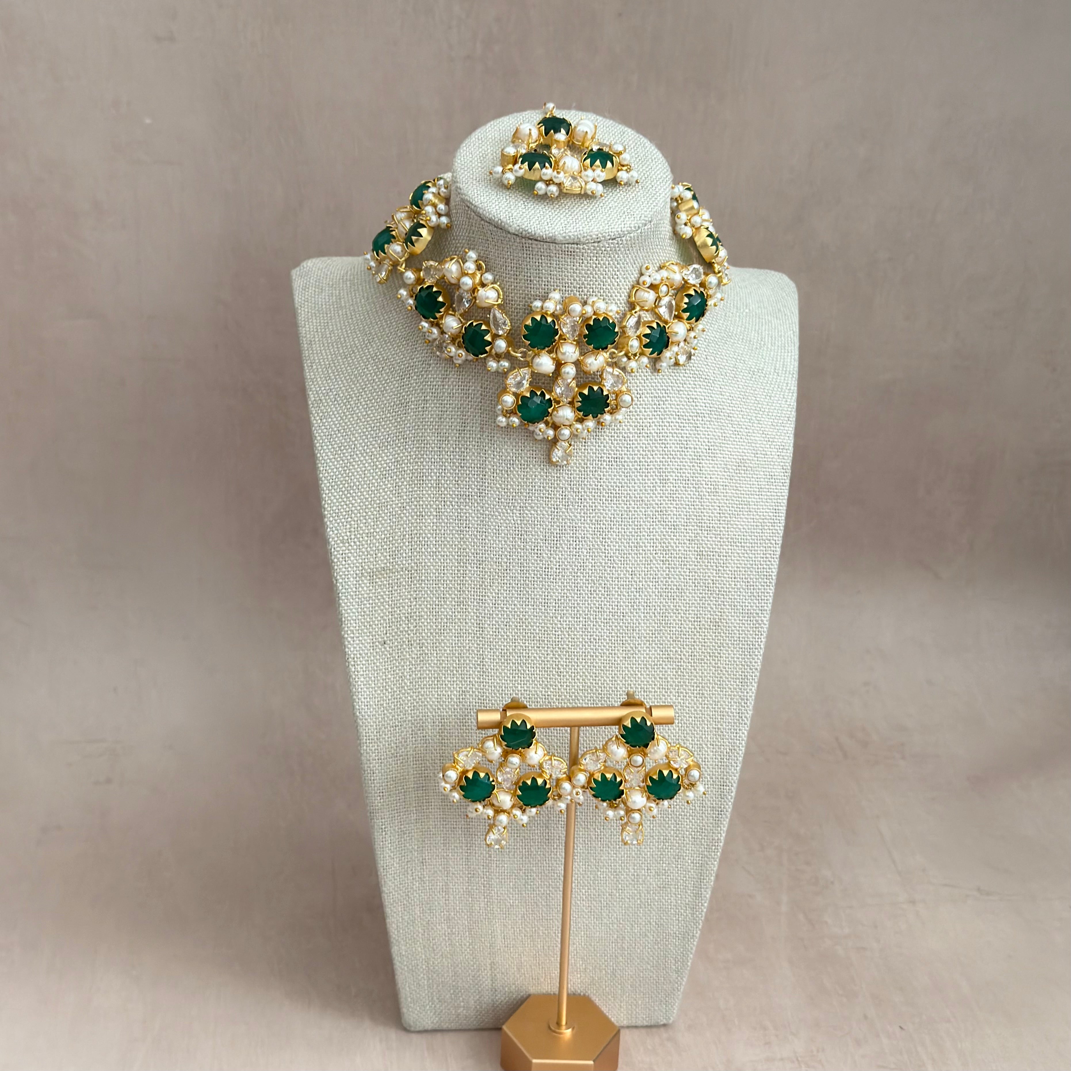 Aaliyah Green Crystal Choker Set - Ahseya & Co