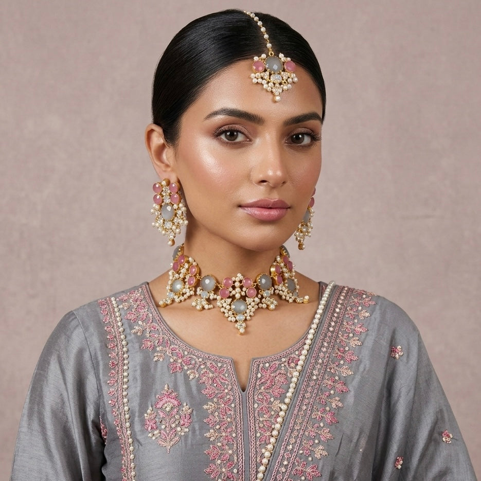 Leona Grey Crystal Necklace Set - Ahseya & Co