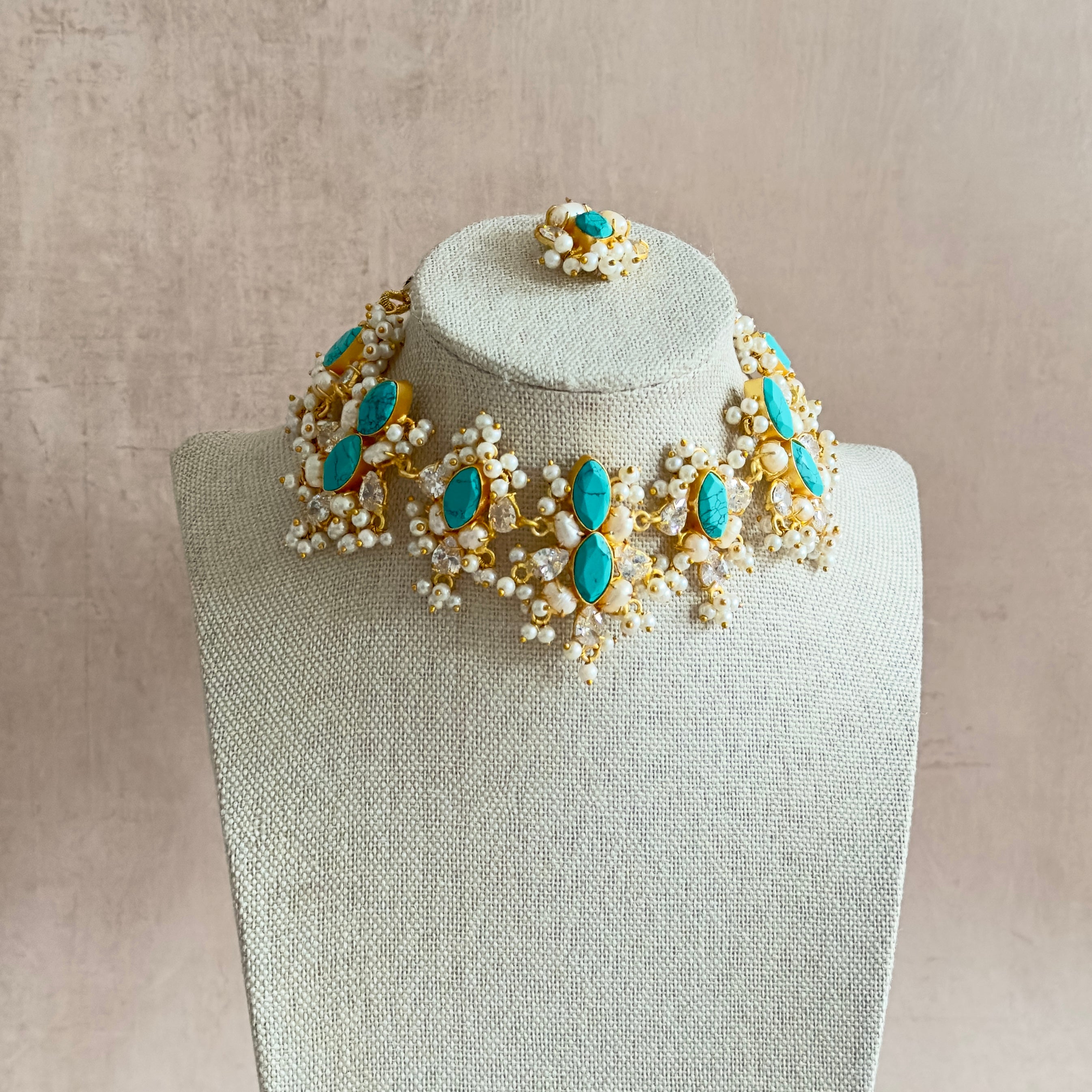 Hiba Turquoise Crystal Choker Set - Ahseya & Co