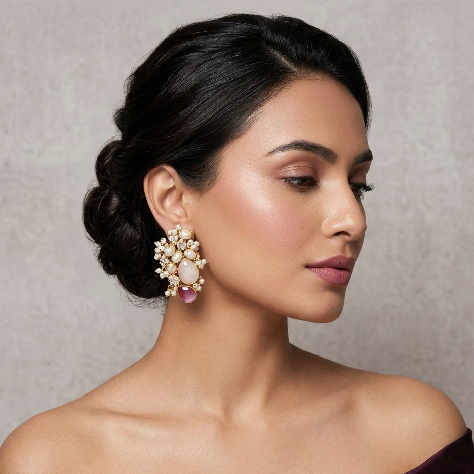 Shahira Pink Pearl Crystal Stud Earrings - Ahseya & Co