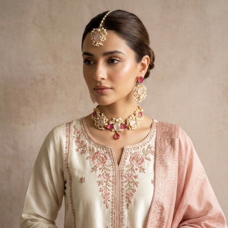 Elina Pink Crystal Necklace Set - Ahseya & Co