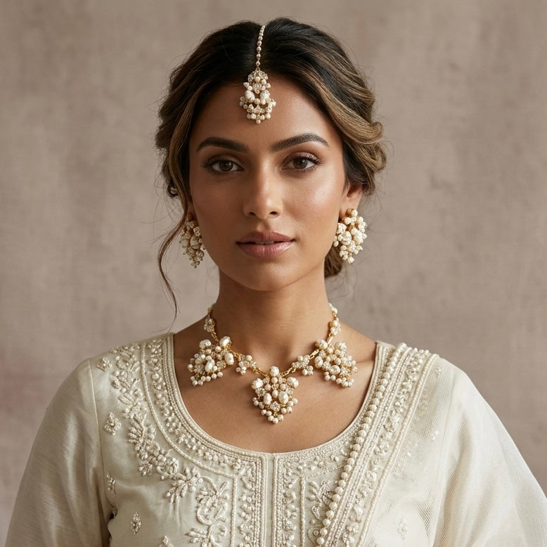 Wafaa Pearl Crystal Necklace Set - Ahseya & Co