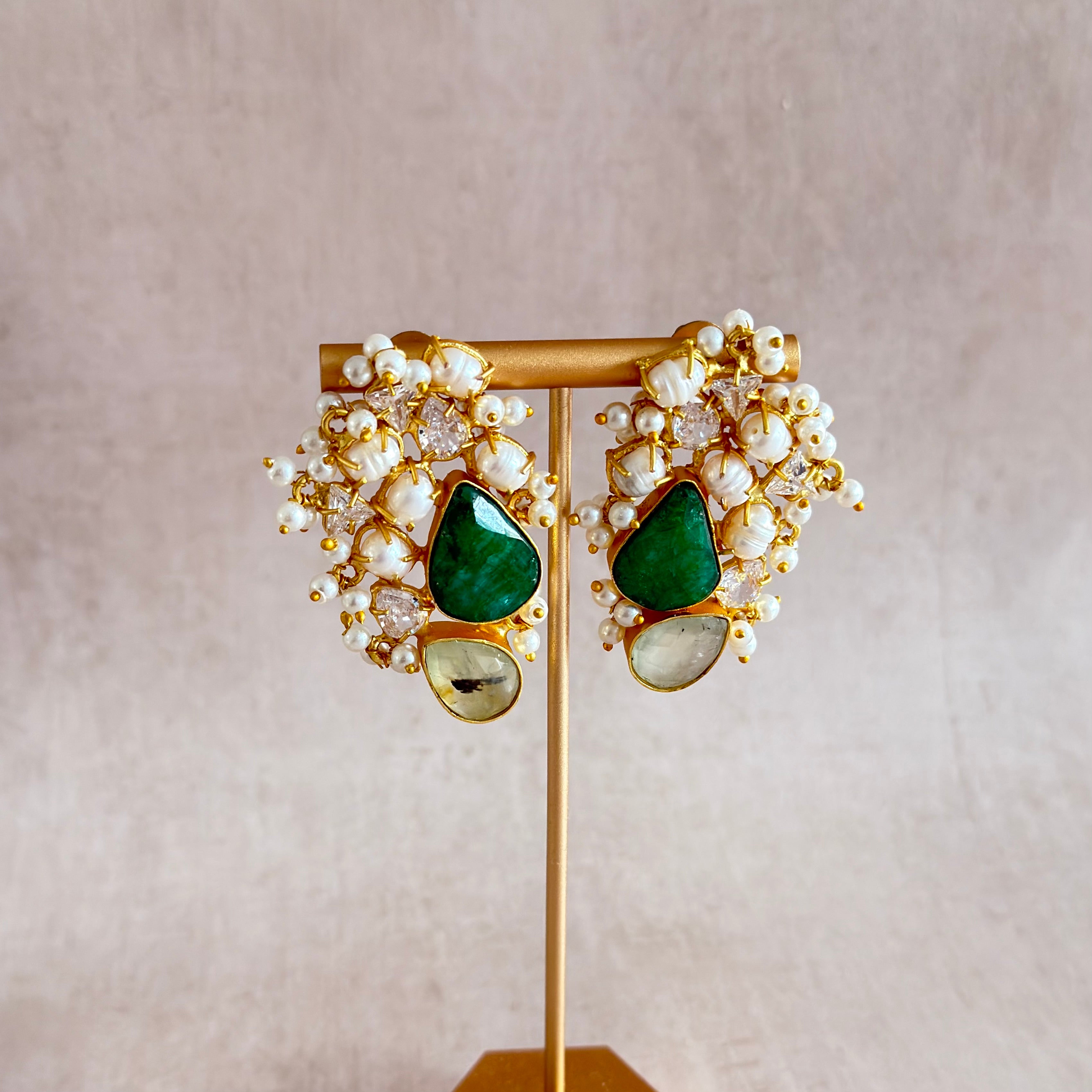 Shahira Green Pearl Crystal Stud Earrings - Ahseya & Co