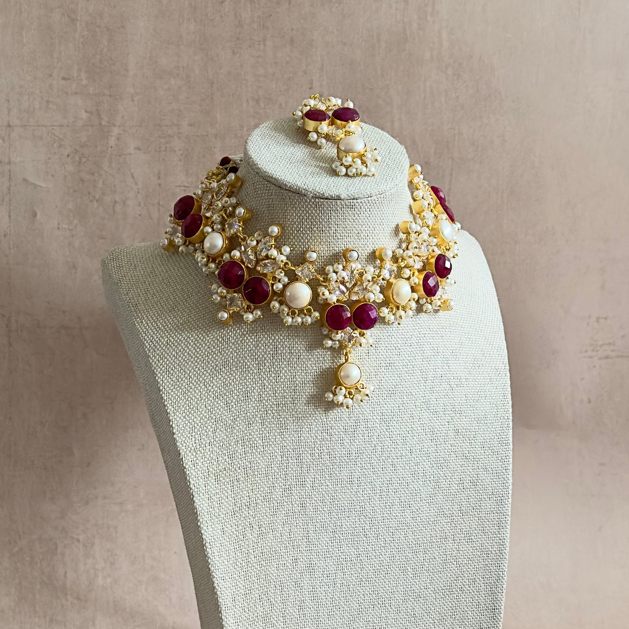 Ranya Maroon Crystal Necklace Set - Ahseya & Co