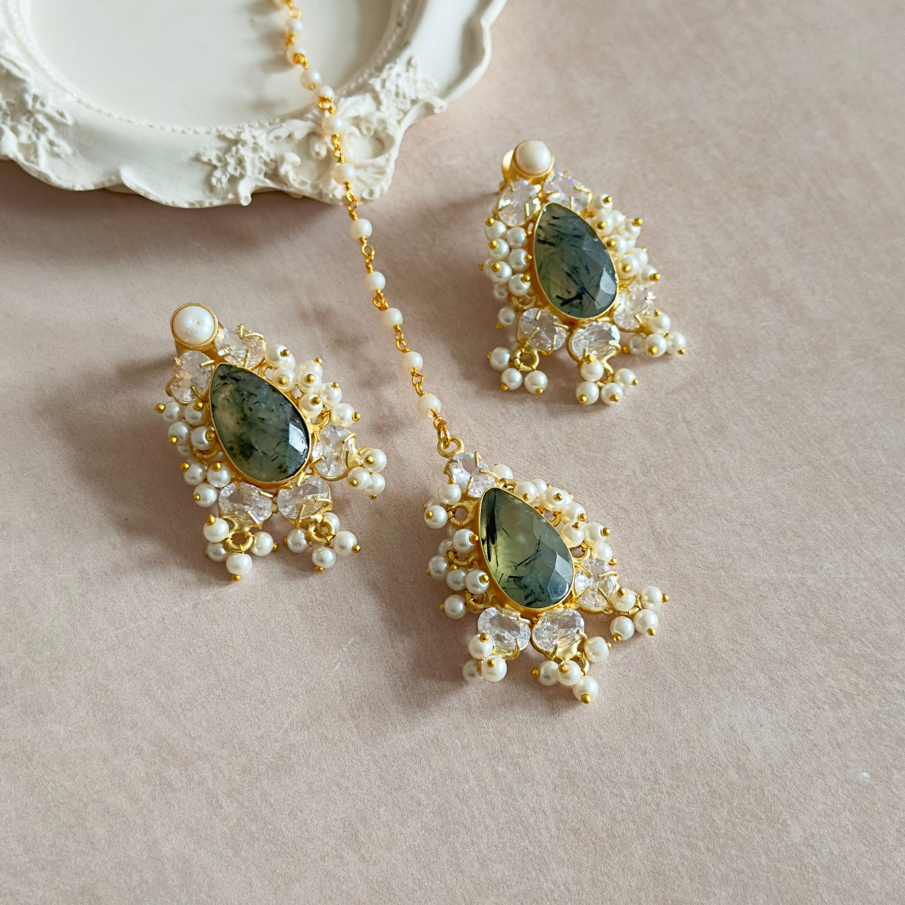 Rana Olive Crystal Tikka Set. - Ahseya & Co