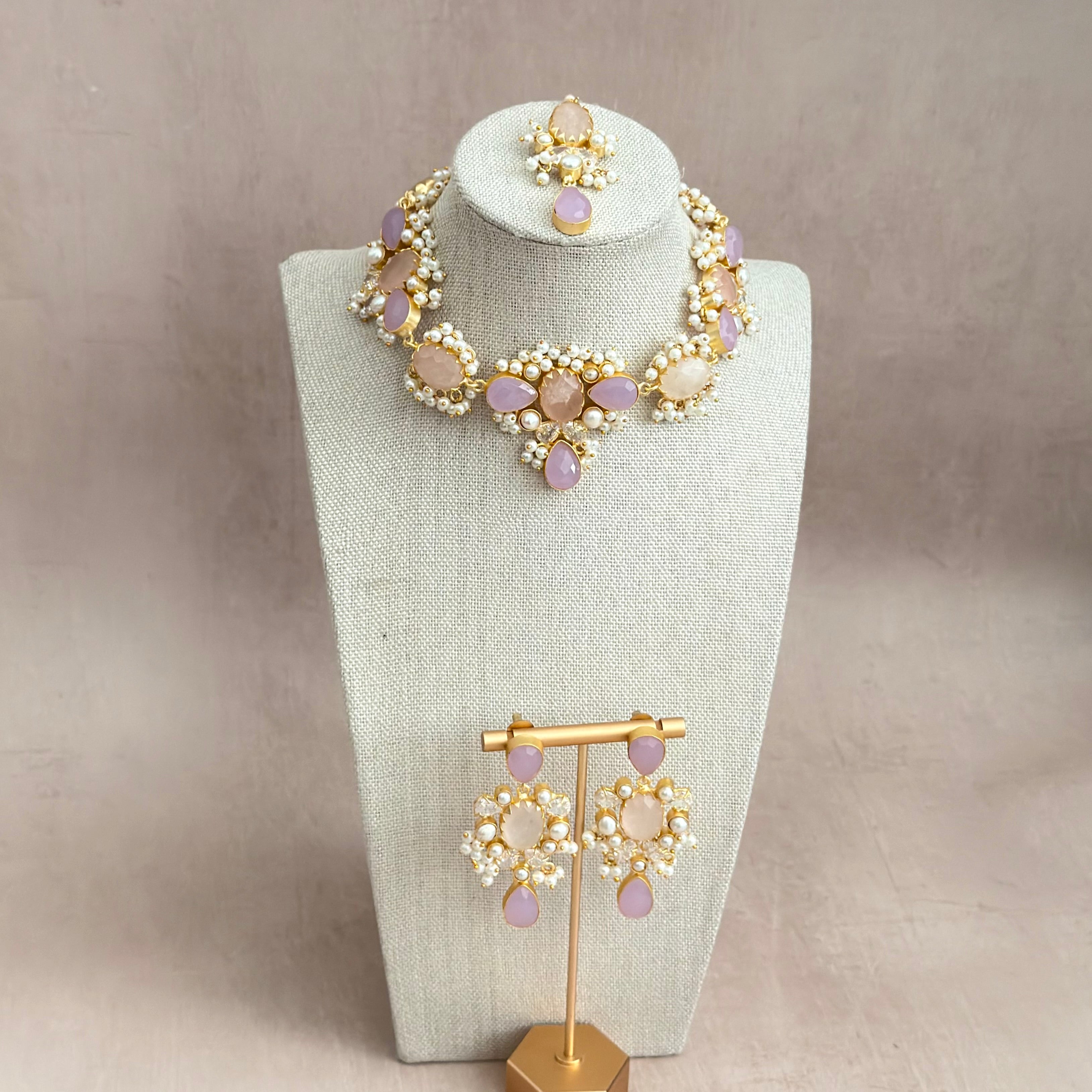 Rahma Rose Lilac Crystal Necklace Set - Ahseya & Co