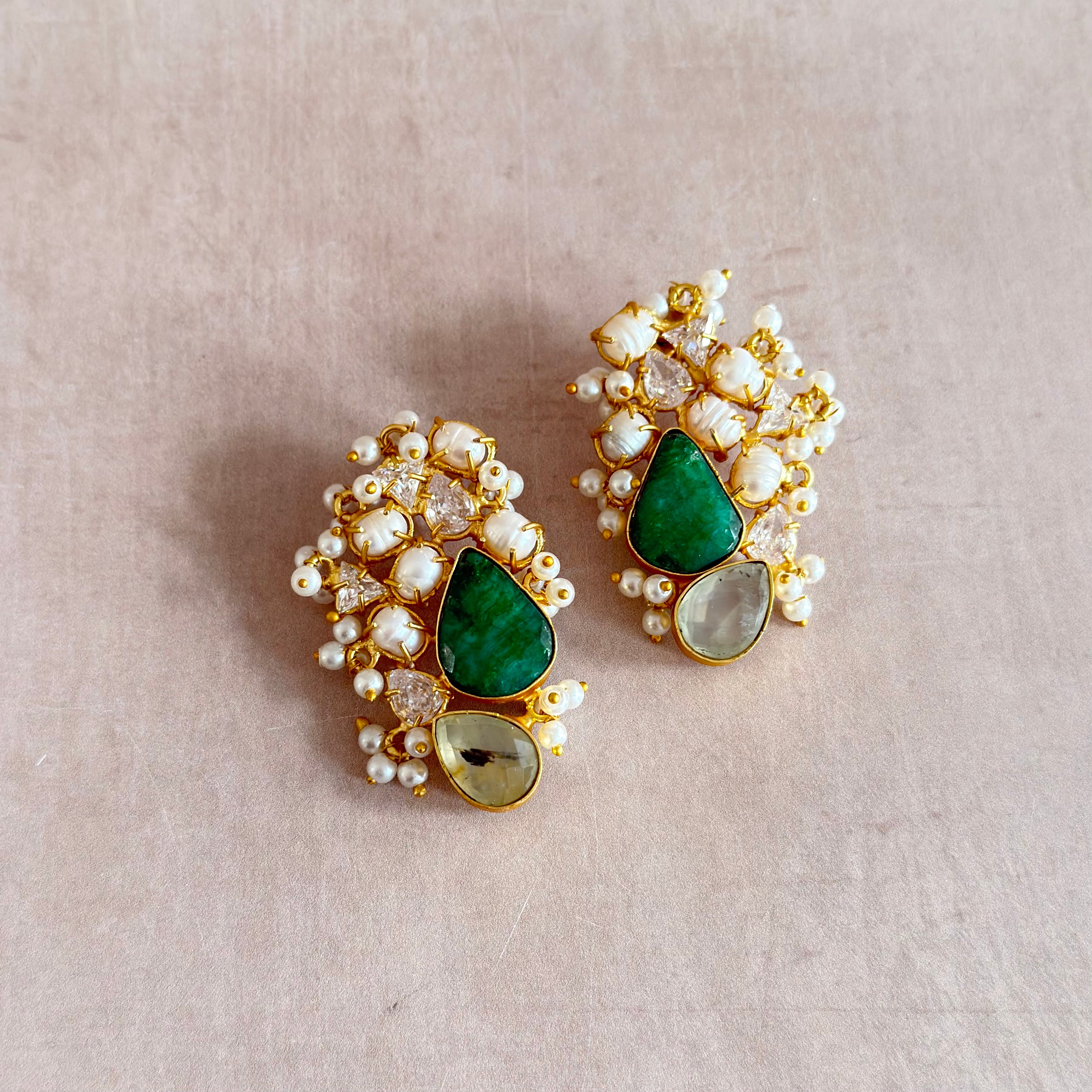 Shahira Green Pearl Crystal Stud Earrings - Ahseya & Co
