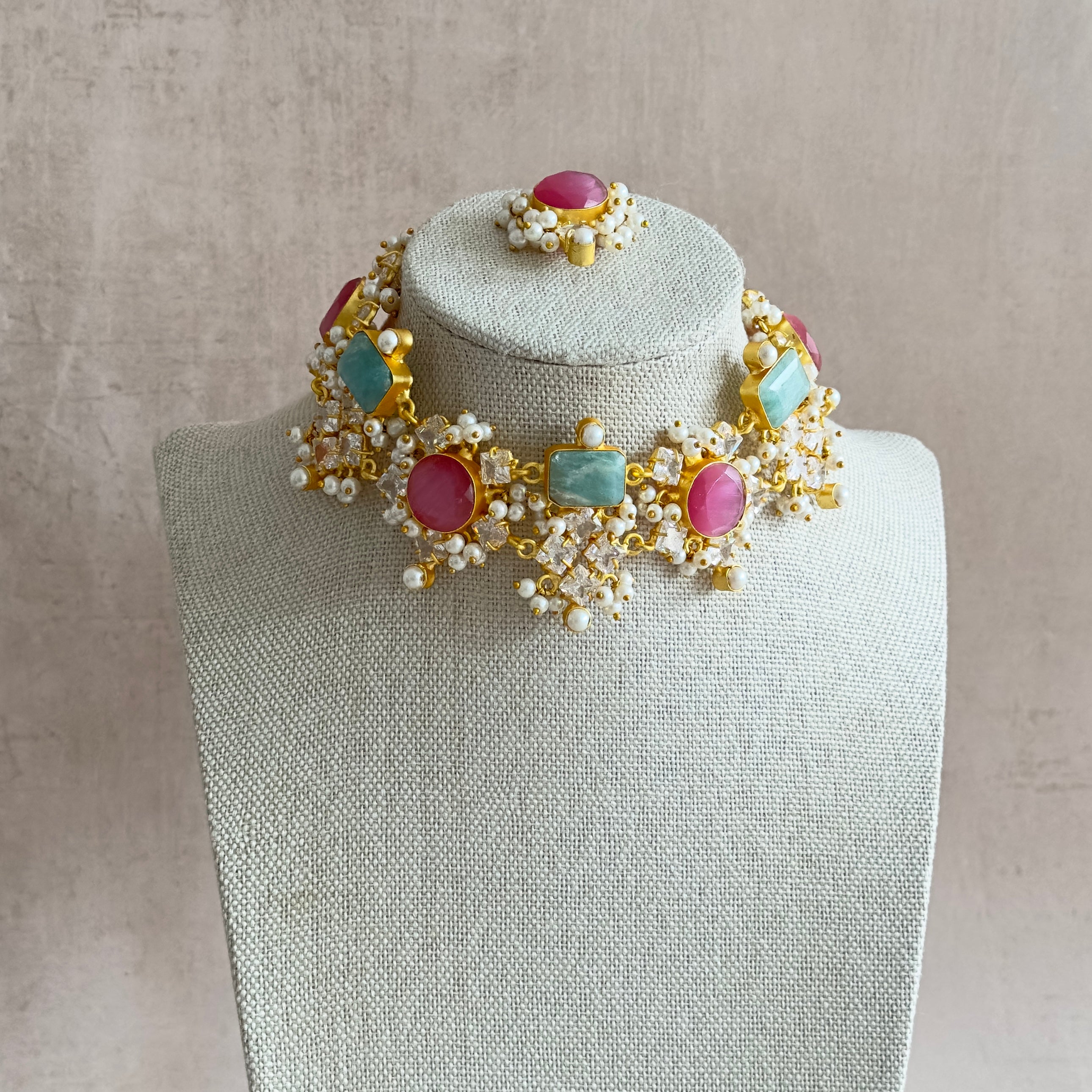 Helani Pink Crystal Choker Set - Ahseya & Co