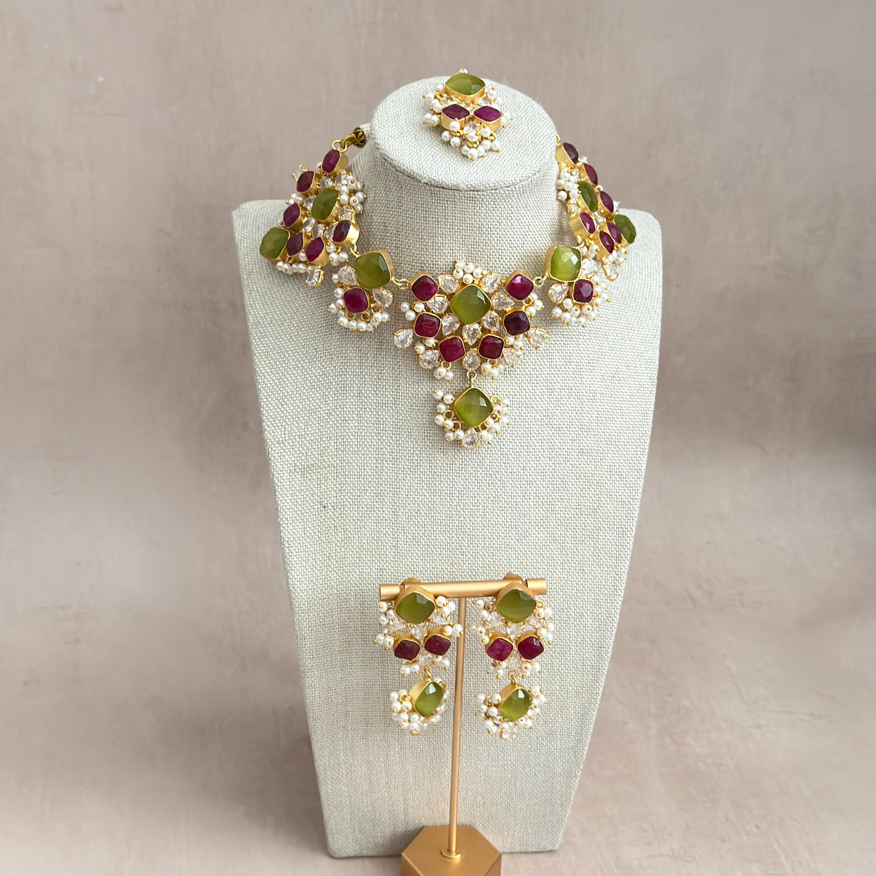 Eve Ruby Olive Crystal Necklace Set - Ahseya & Co