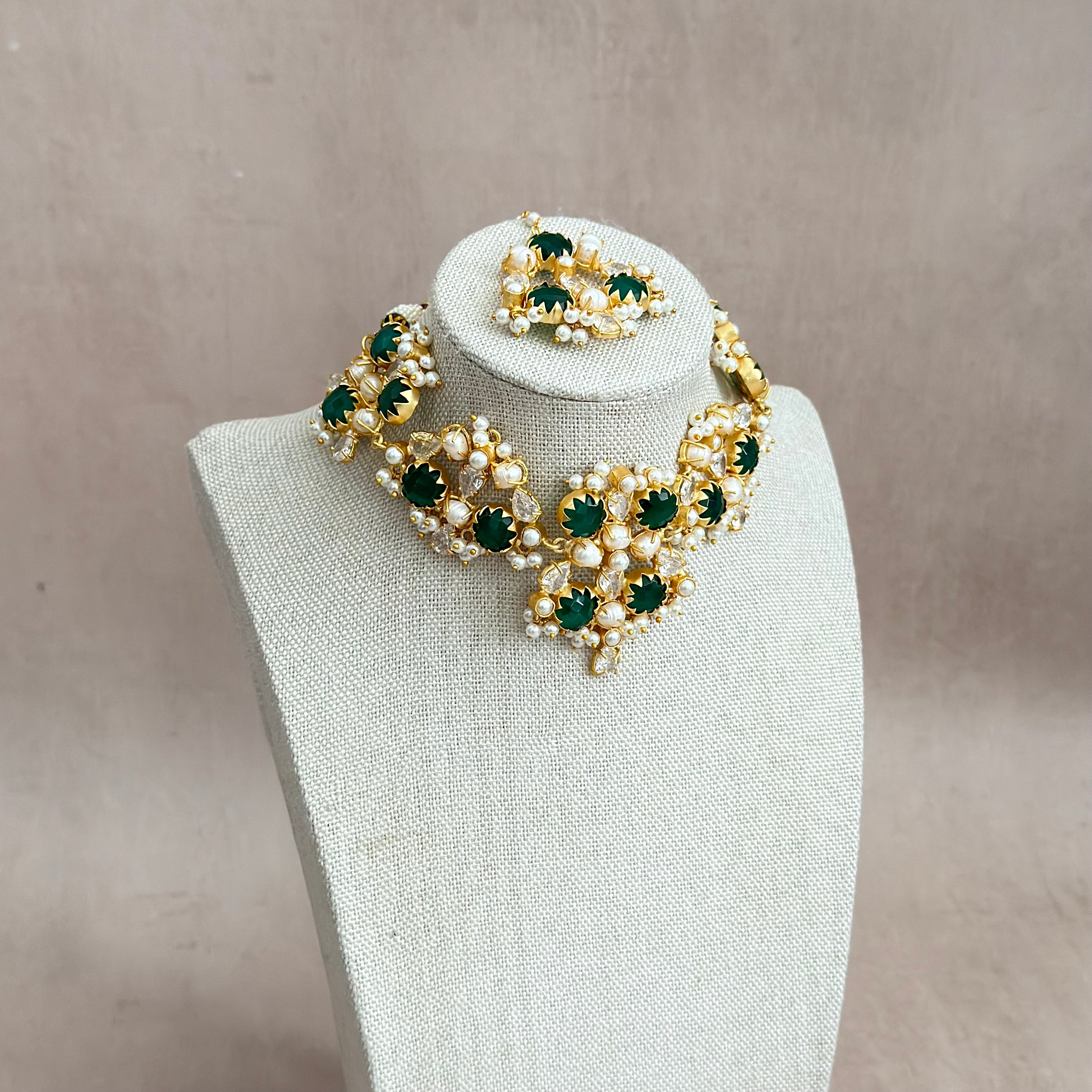 Aaliyah Green Crystal Choker Set - Ahseya & Co