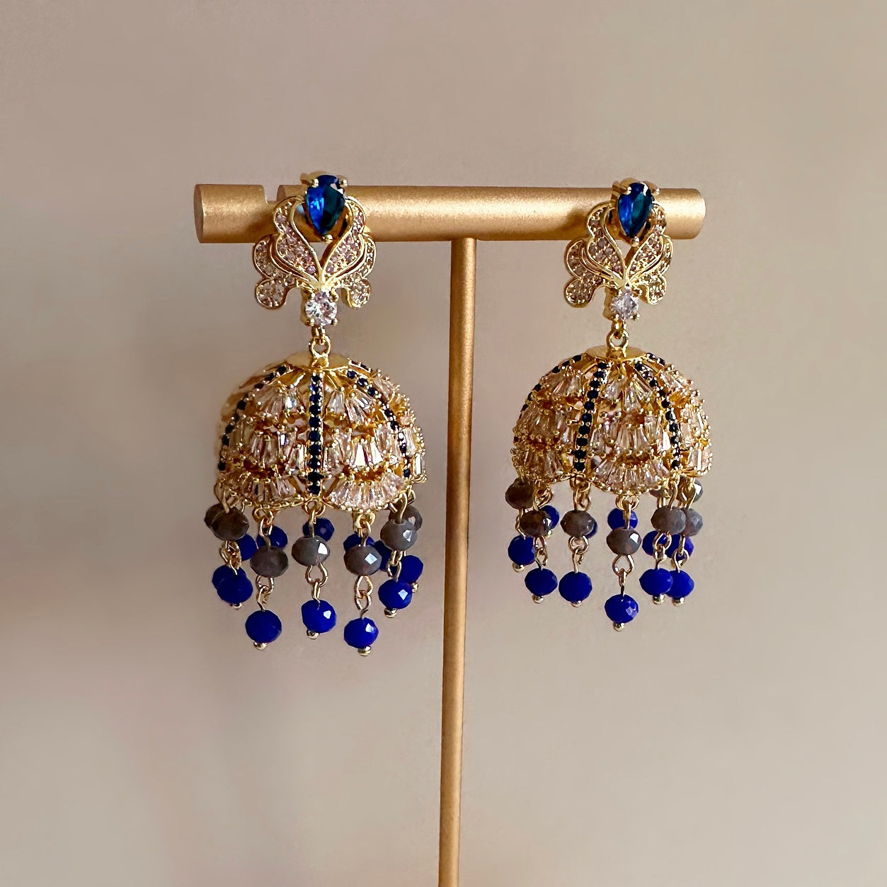 Maria Blue Crystal Jhumki Earrings - Ahseya & Co.