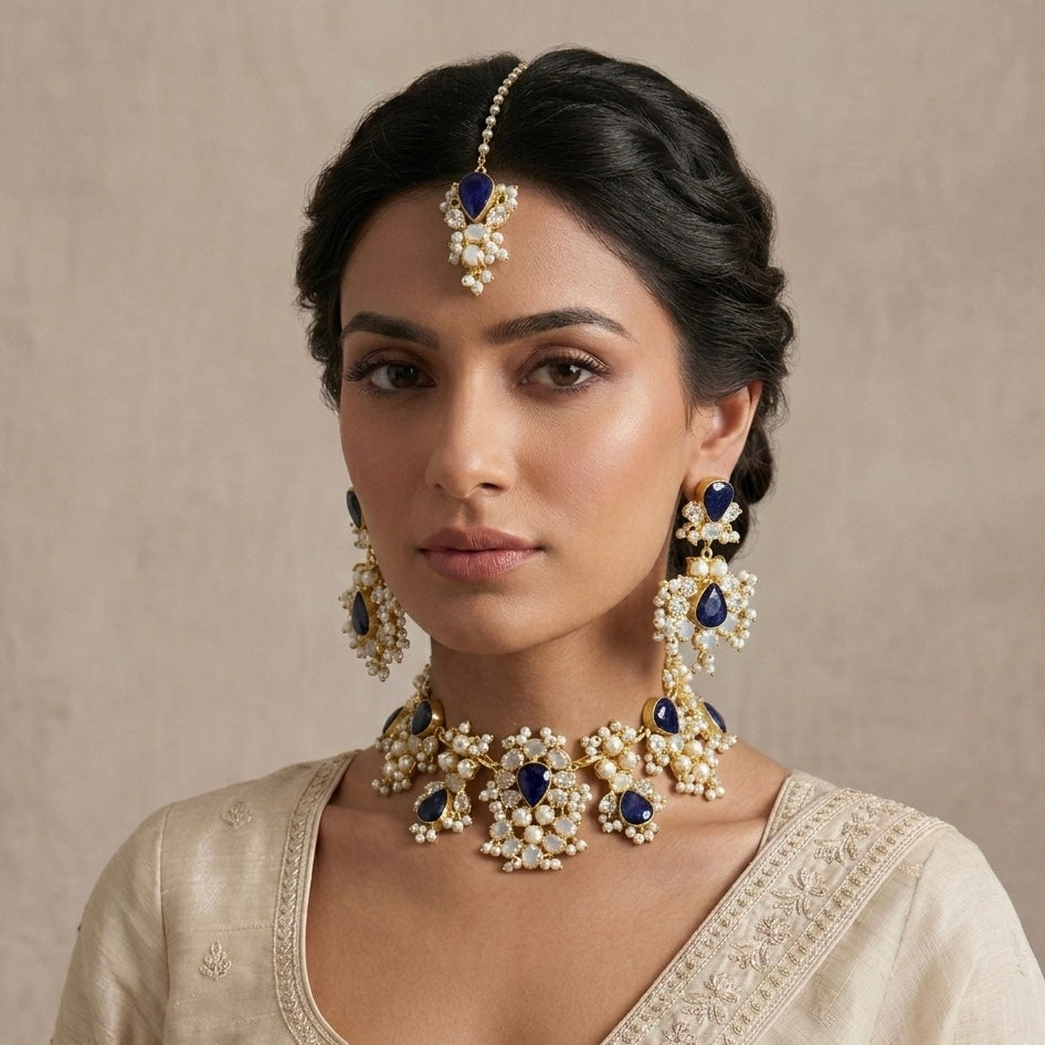 Esme Navy Pearl Necklace Set - Ahseya & Co