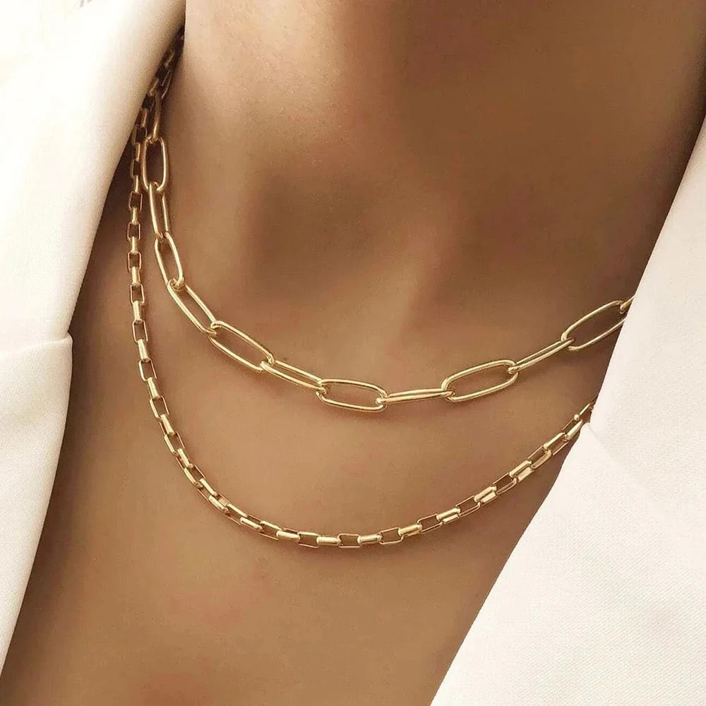 This stunning double layered necklace is inspired by the classic paperclip design. Expertly crafted with 18k gold plating, this necklace adds a touch of elegance to any outfit. With an adjustable length, it is versatile and perfect for every occasion. Elevate your style with this unique and trending piece. Necklace Drop:  43cm open length.