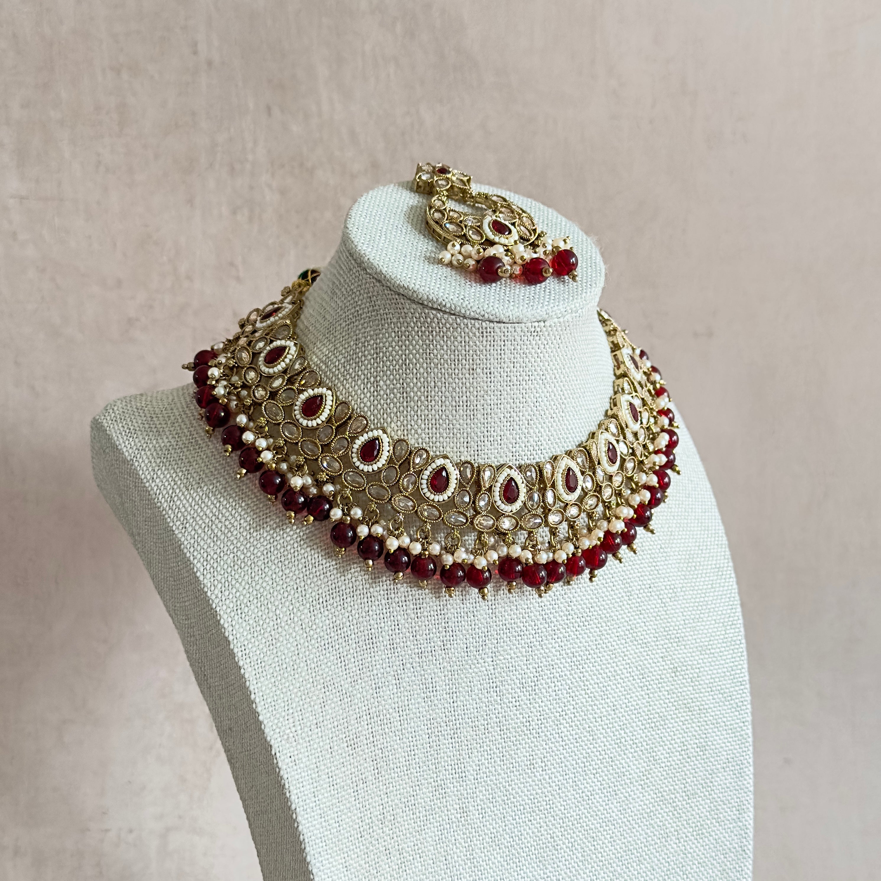 Anum Maroon Crystal Necklace Set - Ahseya & Co