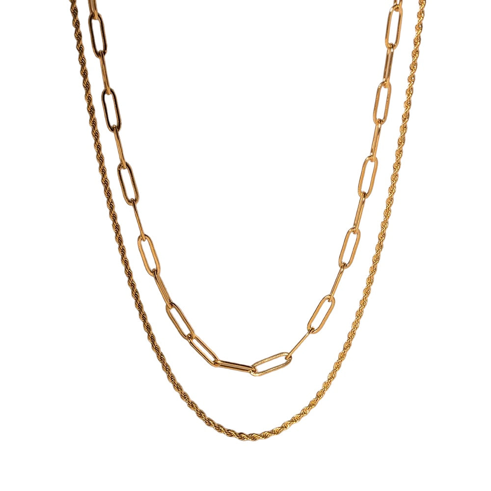 This stunning double layered necklace is inspired by the classic paperclip design. Expertly crafted with 18k gold plating, this necklace adds a touch of elegance to any outfit. With an adjustable length, it is versatile and perfect for every occasion. Elevate your style with this unique and trending piece. Necklace Drop:  43cm open length.